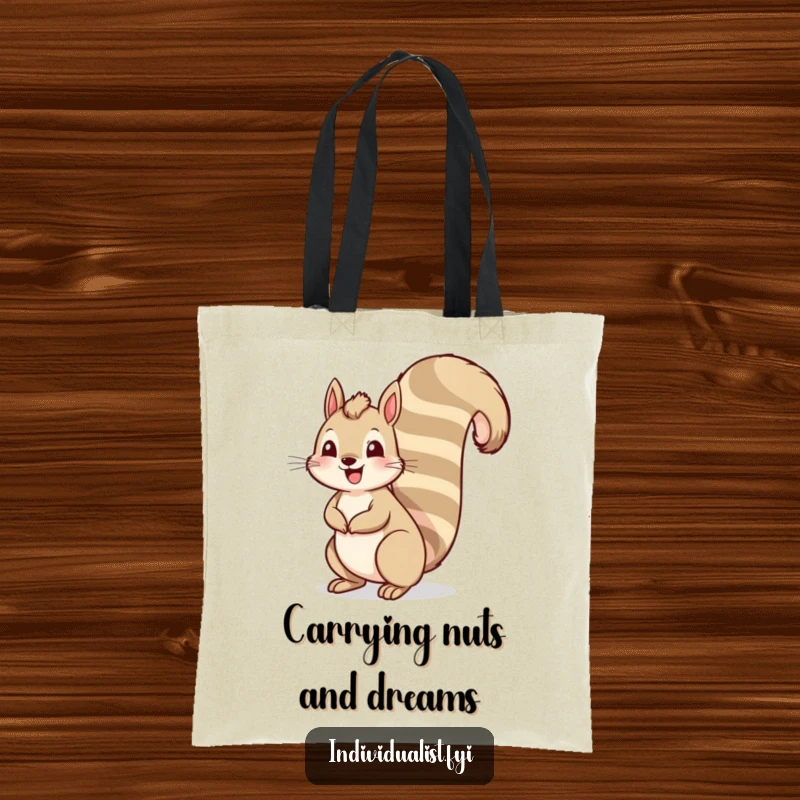 Funny squirrel tote bag depicting a cheerful squirrel with an exaggeratedly tall, striped tail, perfect for carrying items humorously.