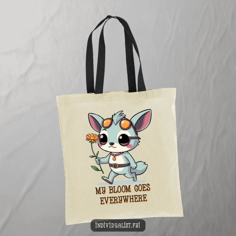 Funny tote bag showcasing a confident creature with fashionable accessories and an unusual flower, exuding bold style. Carry it all with panache.
